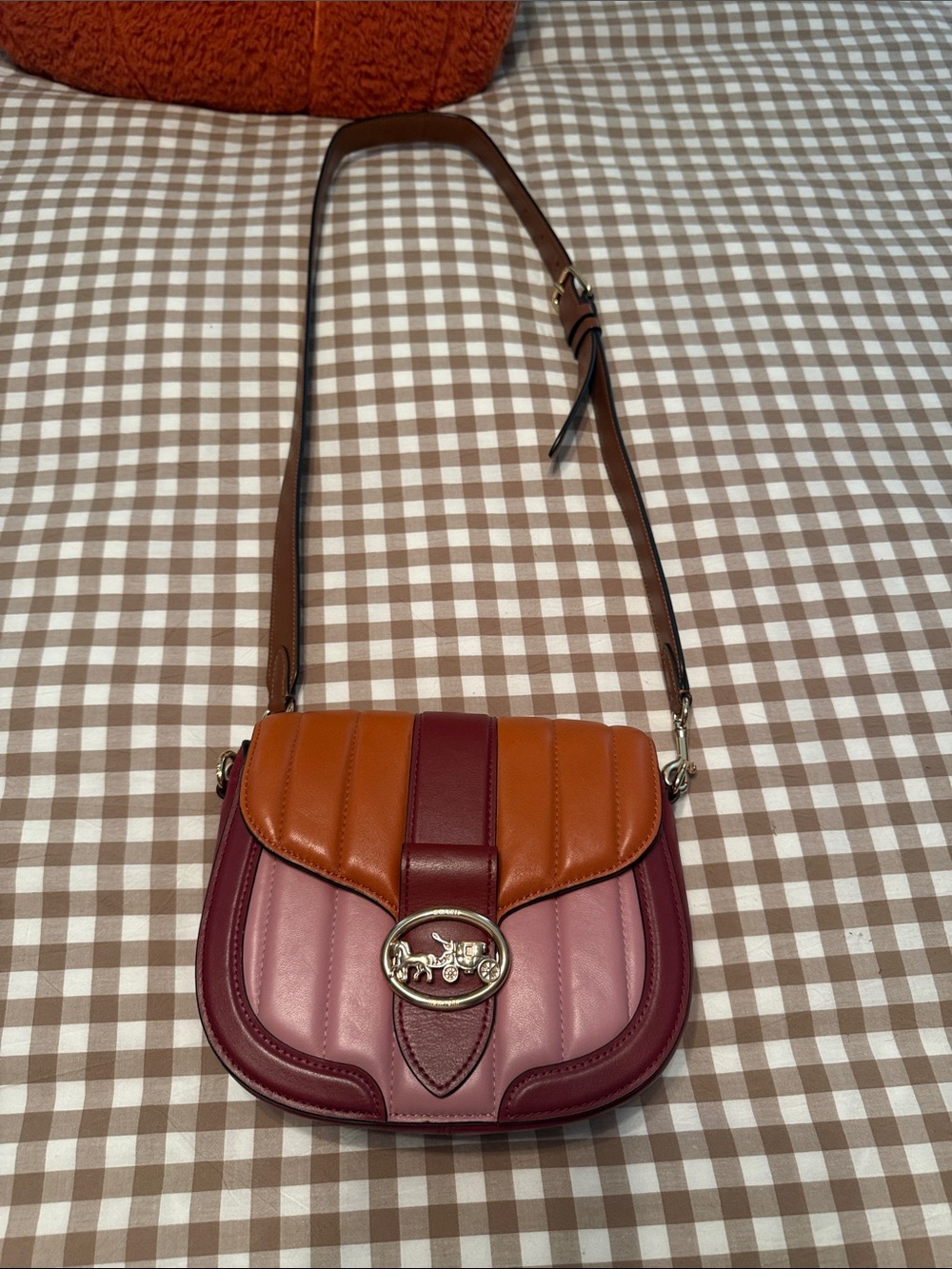 Coach Colorblock Quilted Leather Saddle Bag in Pink, Burgundy & Tan